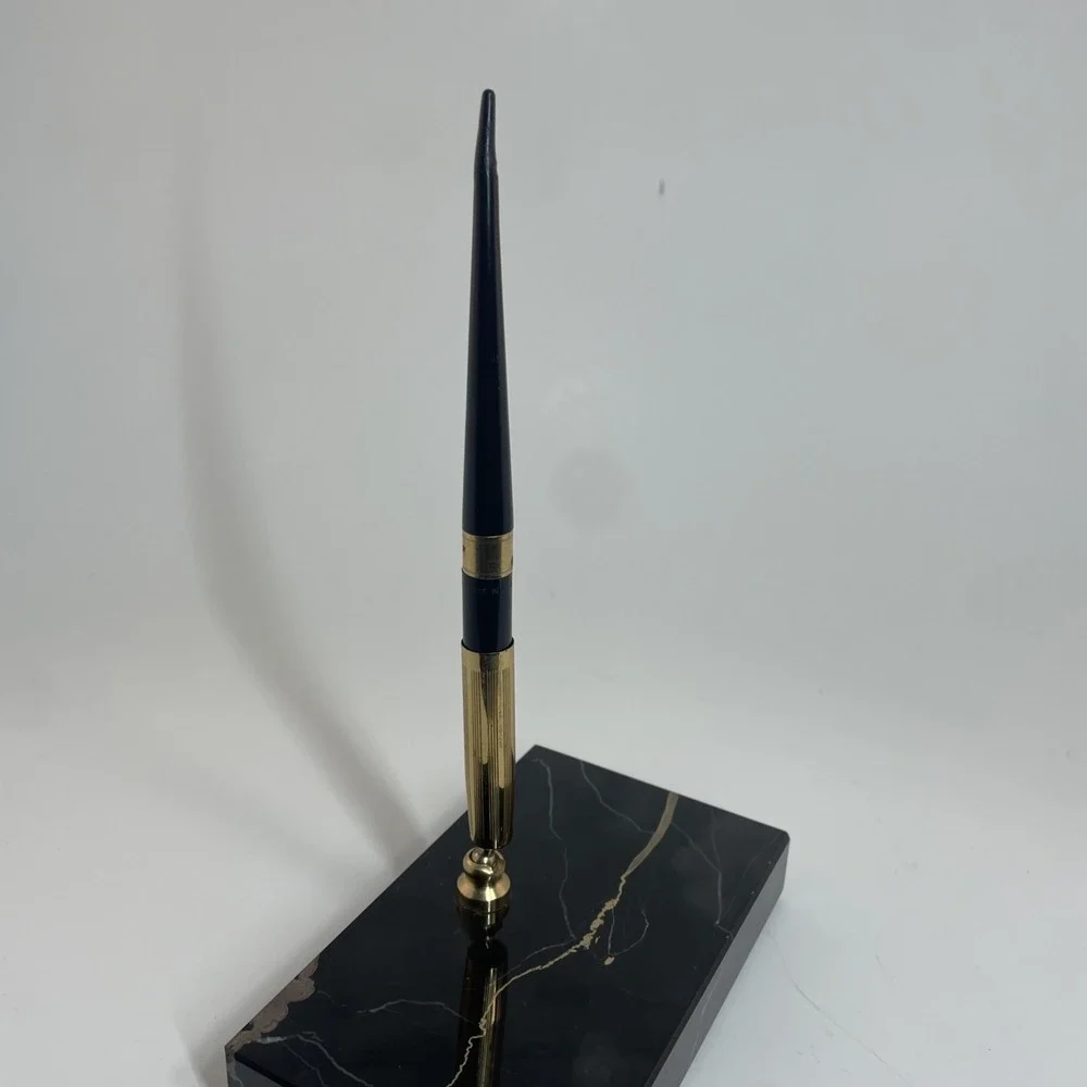 Vintage Marble Pen Holder‎ with Black Pen Gold Accents Desk Accessory